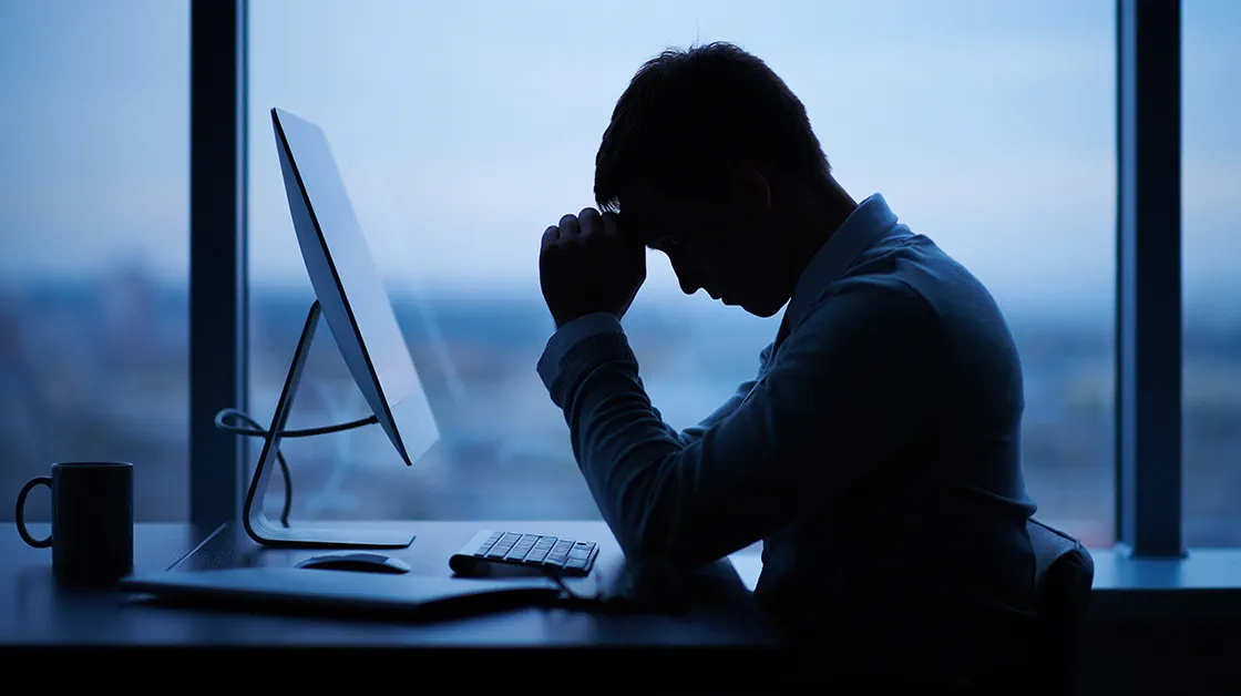 The silhouette of a stressed man sitting at his desk with his head bowed.